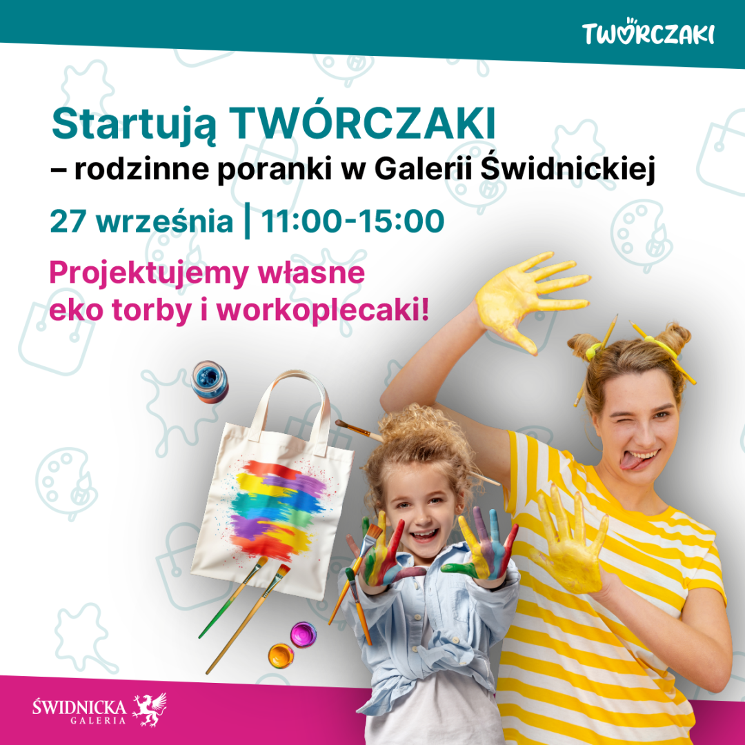 Rodzina z dziećmi malująca torby w Galerii Świdnickiej.