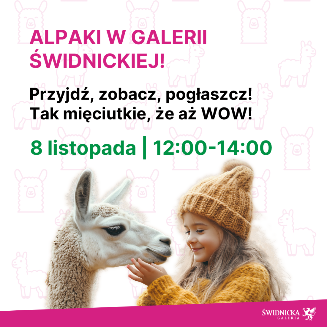 Dziewczynka głaszcze alpakę w Galerii Świdnickiej.