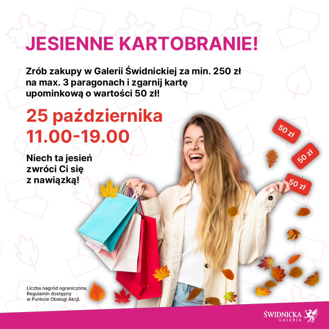 Kobieta z torbami zakupowymi, promująca jesienną akcję w Galerii Świdnickiej.