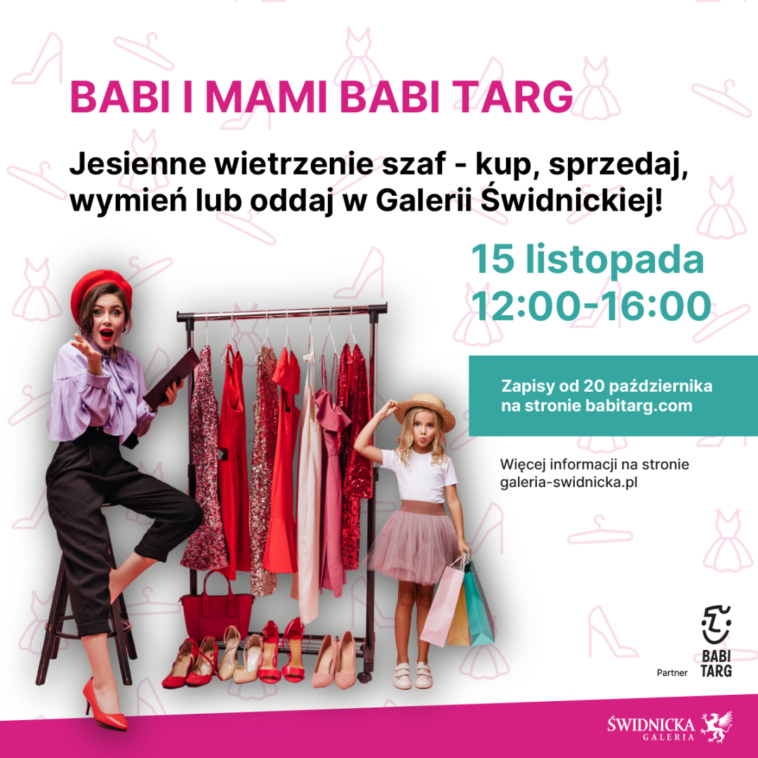 Plakat wydarzenia Babi Targ w Galerii Świdnickiej z ubraniami na wieszaku.