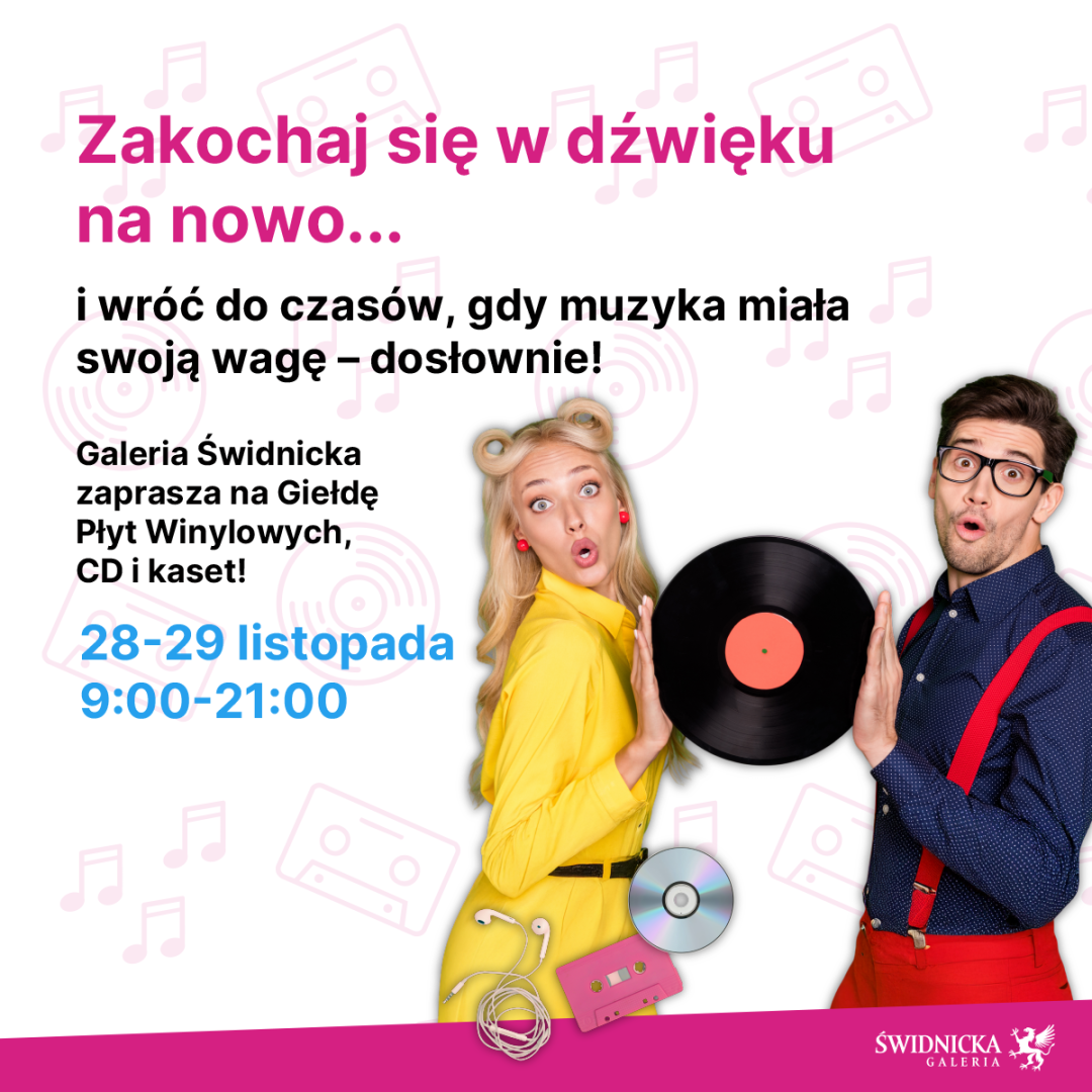 Plakat promujący giełdę płyt winylowych w Galerii Świdnickiej.