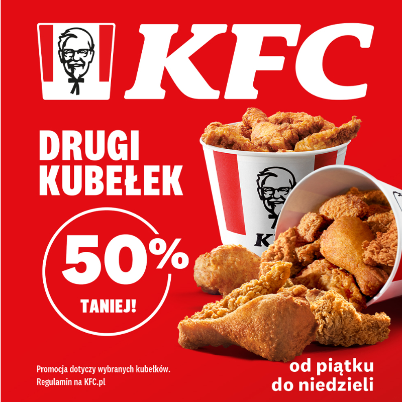 Promocja KFC: drugi kubełek 50% taniej.
