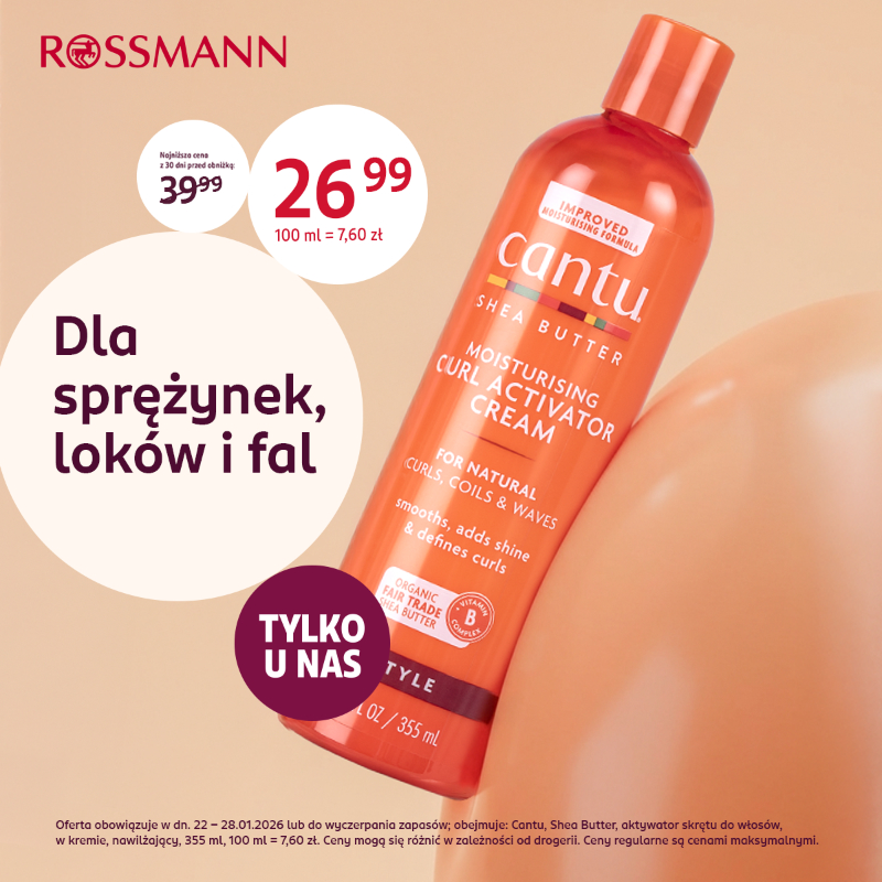 Krem do loków Cantu Shea Butter na tle promocyjnej oferty Rossmann.