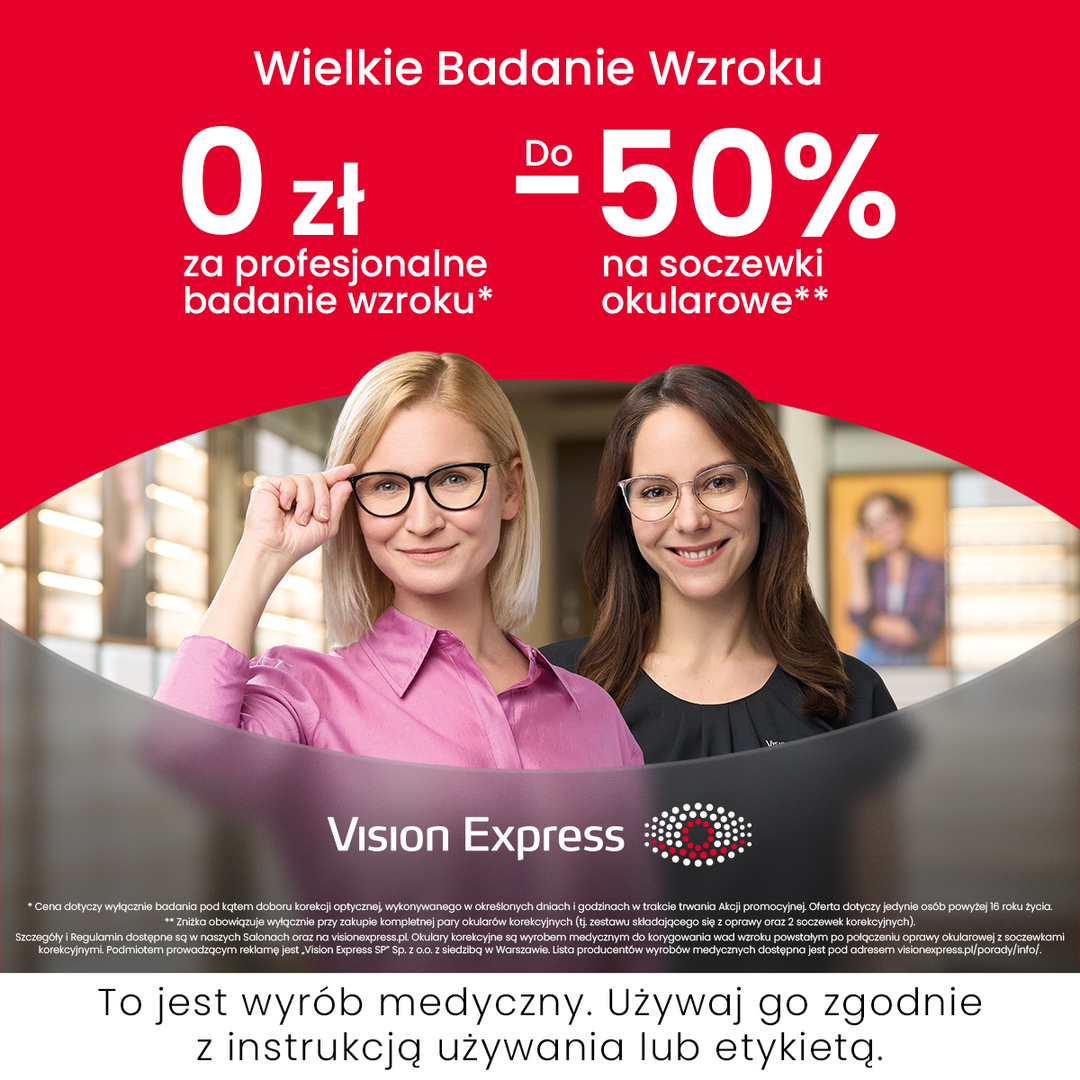Dwie kobiety w okularach promujące badanie wzroku.