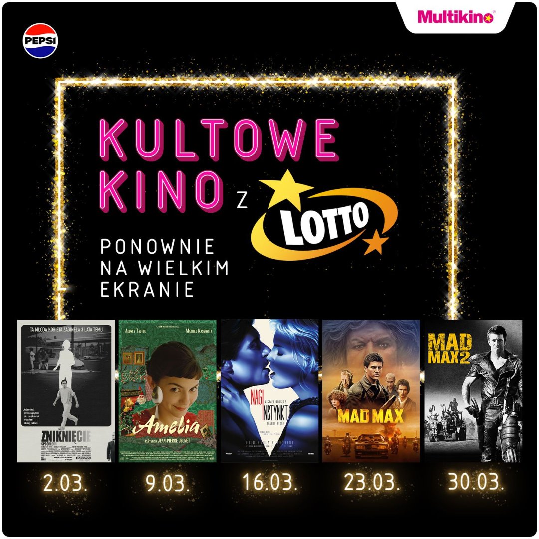 Plakat promujący kultowe filmy w kinie Świdnicka w marcu 2026.