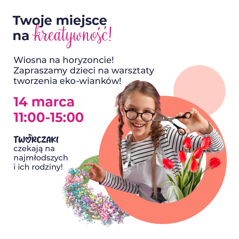 Dziewczynka z nożyczkami i tulipanami na warsztatach eko-wianków.