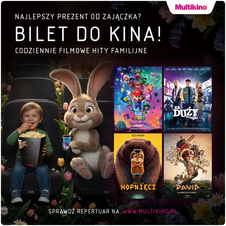 Plakat promujący bilety do kina z filmami rodzinnymi.