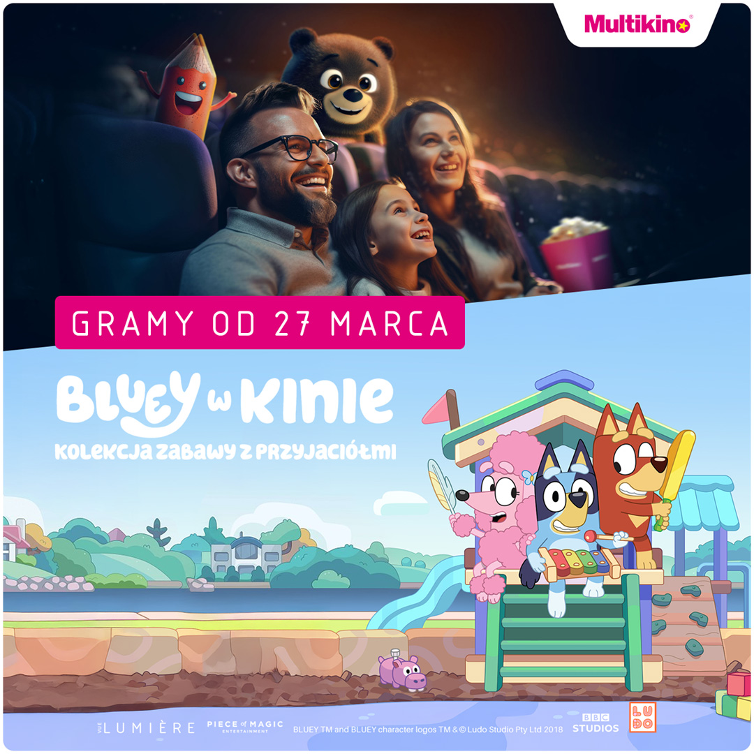 Plakat promujący film Bluey w kinie, z rodziną oglądającą film.