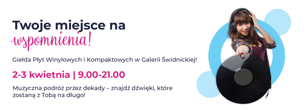 Kobieta trzymająca płytę winylową, zaproszenie na giełdę płyt w Świdnickiej.