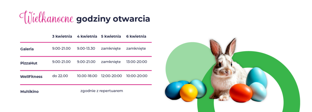 Godziny otwarcia na Wielkanoc 2026 z królikiem i pisankami.