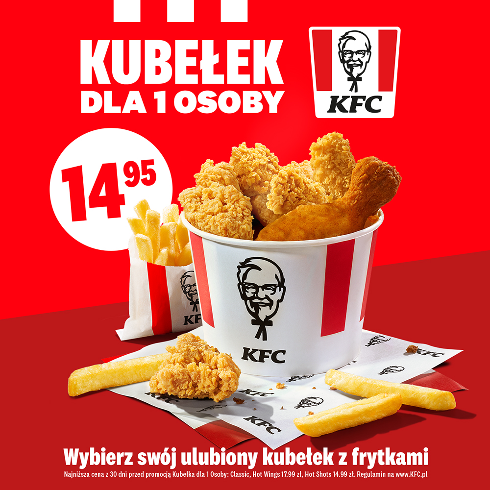 Promocja kubełka KFC dla jednej osoby z frytkami za 14,95 zł.