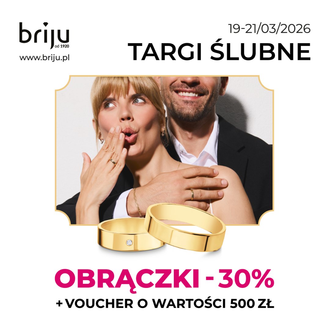 Para z obrączkami, promocja 30% na targach ślubnych.