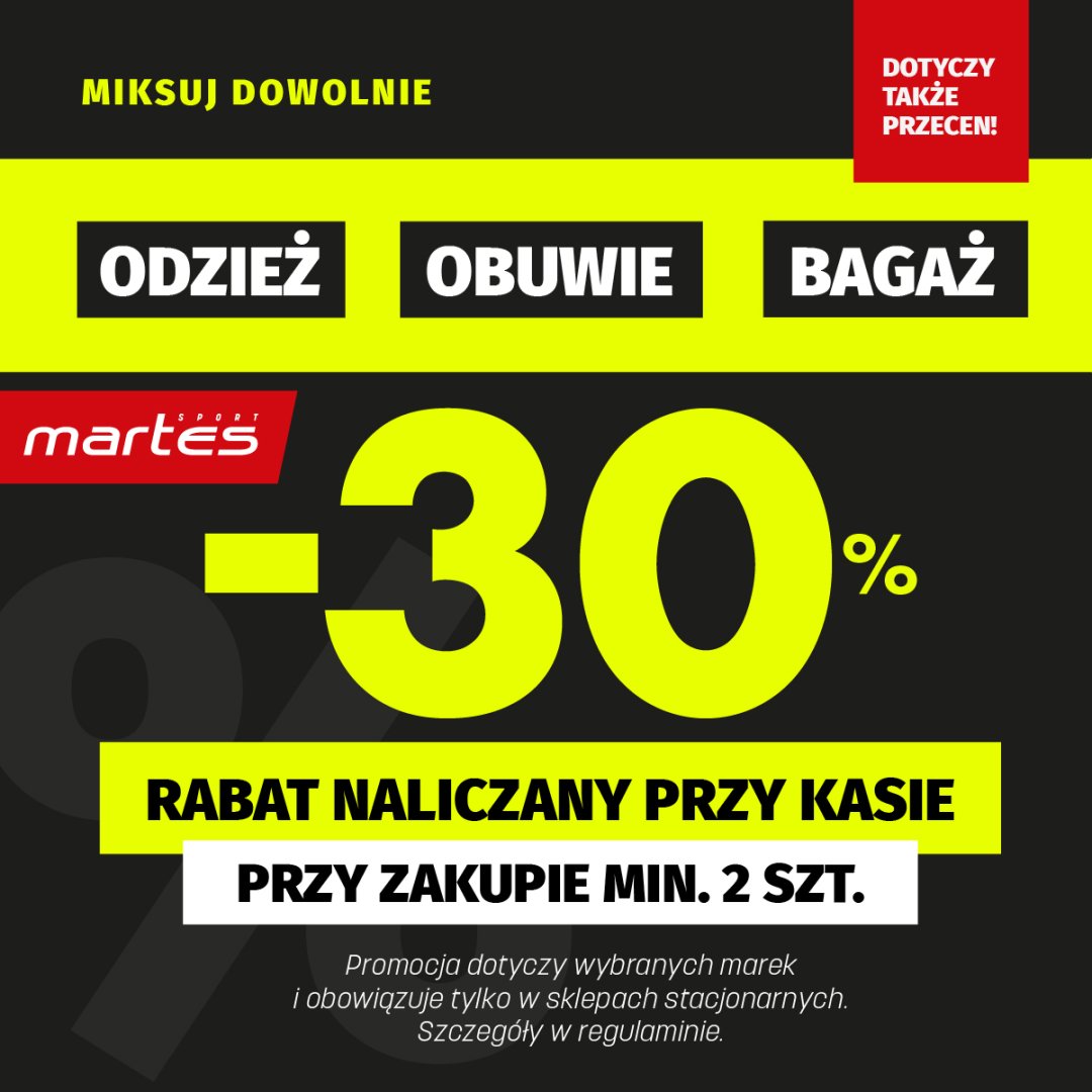 Grafika promocyjna z rabatem 30% na odzież, obuwie i bagaż.