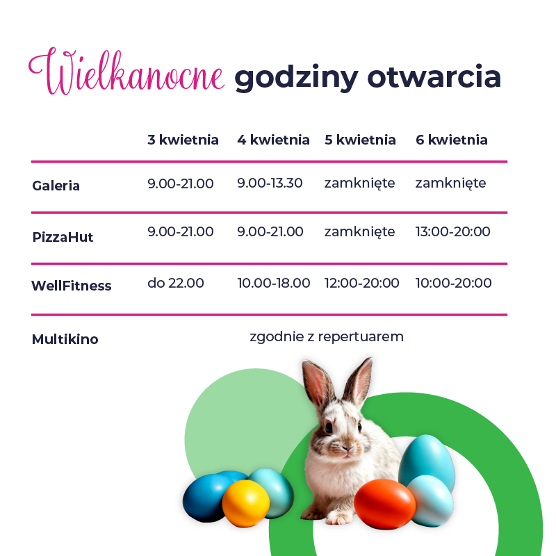 Grafika z godzinami otwarcia na Wielkanoc 2026.