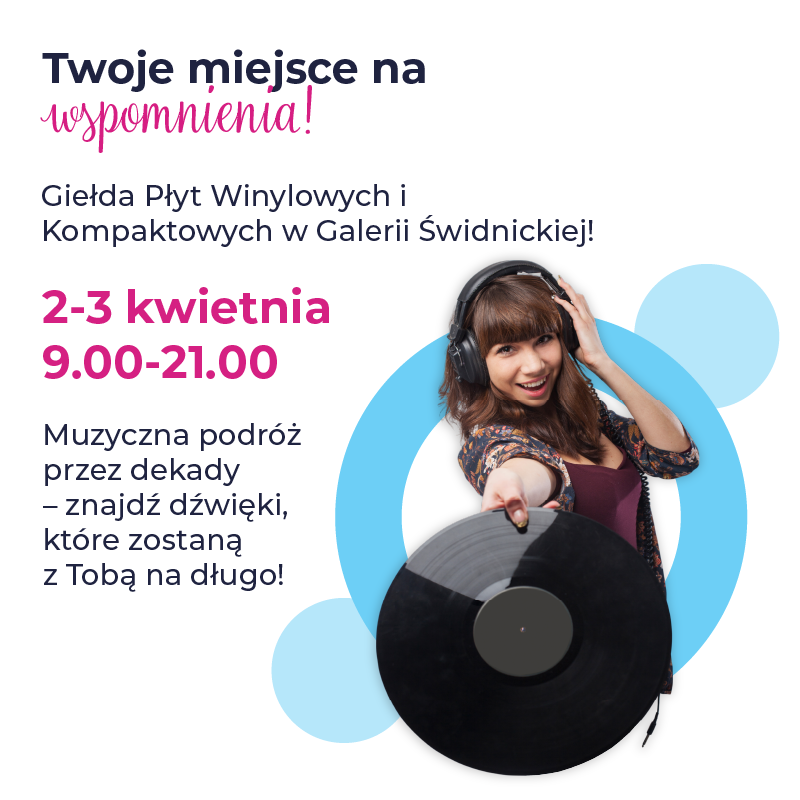 Kobieta trzymająca winyl na tle reklamy giełdy płyt.