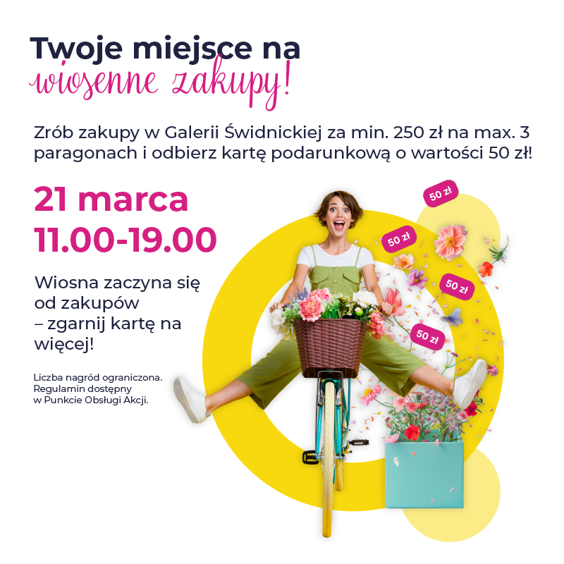 Kobieta na rowerze z kwiatami, promująca wiosenne zakupy.