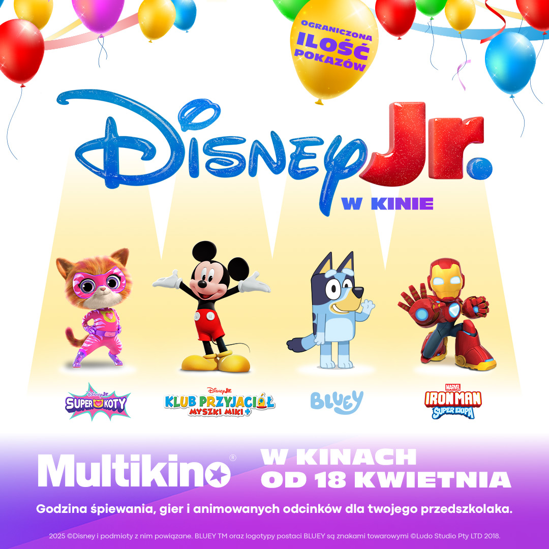 Plakat promujący Disney Jr. w kinie z postaciami z bajek.