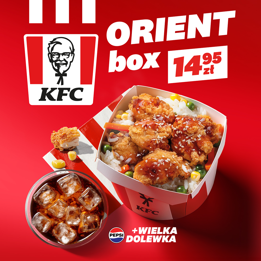 Zestaw KFC Orient Box z kurczakiem, ryżem i napojem za 14,95 zł.