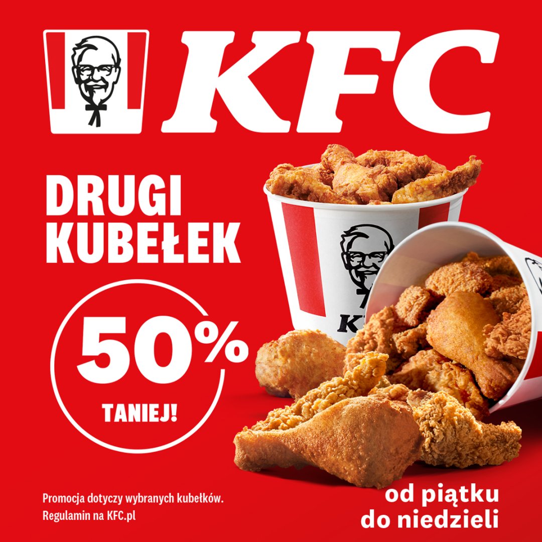 Promocja KFC: drugi kubełek 50% taniej.