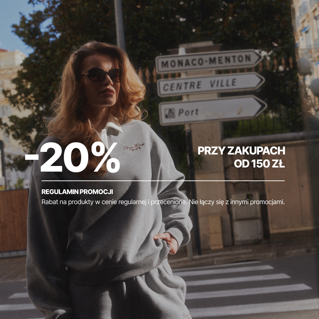 Kobieta w szarej odzieży na ulicy z promocją -20% przy zakupach od 150 zł.