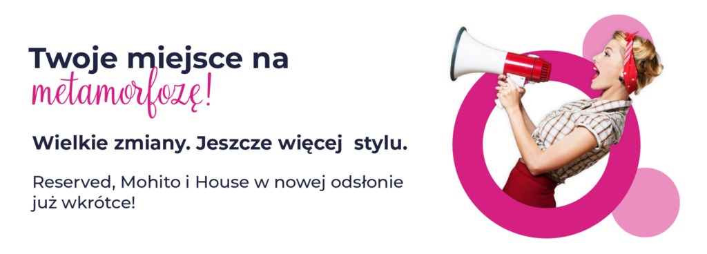 Kobieta z megafonem na różowym tle, zapowiadająca zmiany stylu.