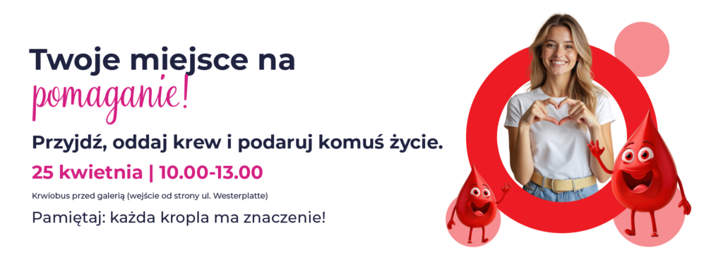 Plakat zachęcający do oddania krwi z uśmiechniętą kobietą i postaciami kropli krwi.