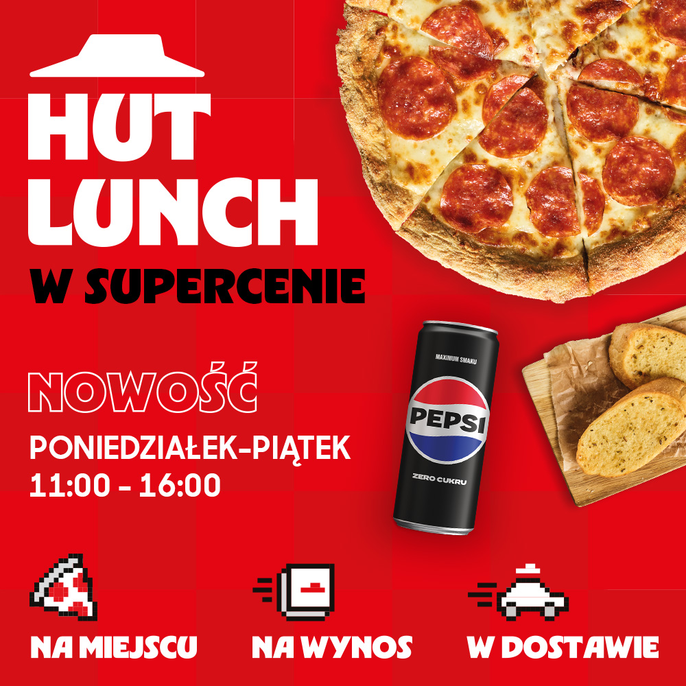 Promocja lunchowa na pizzę z napojem Pepsi.