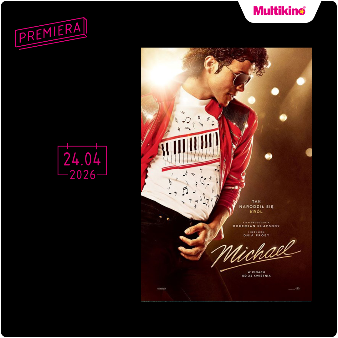 Plakat filmowy przedstawiający postać w czerwonej kurtce z mikrofonem.