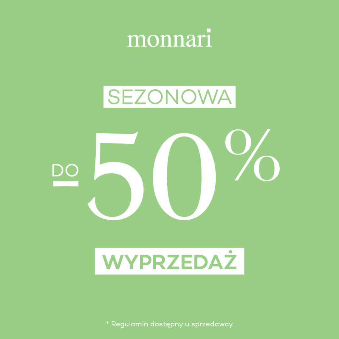 Zielony plakat z napisem: Sezonowa wyprzedaż do 50%.
