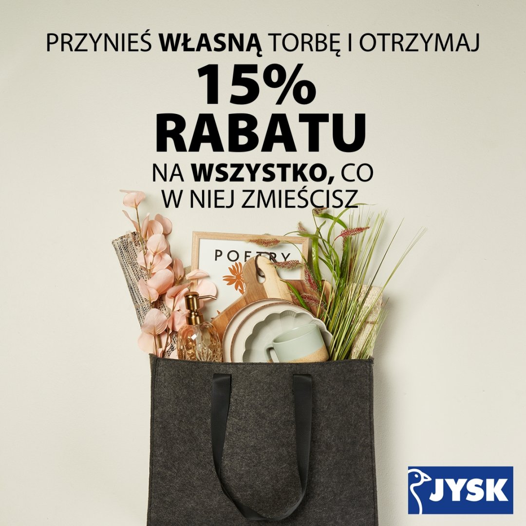 Torba z produktami i informacja o rabacie 15% w sklepie JYSK.