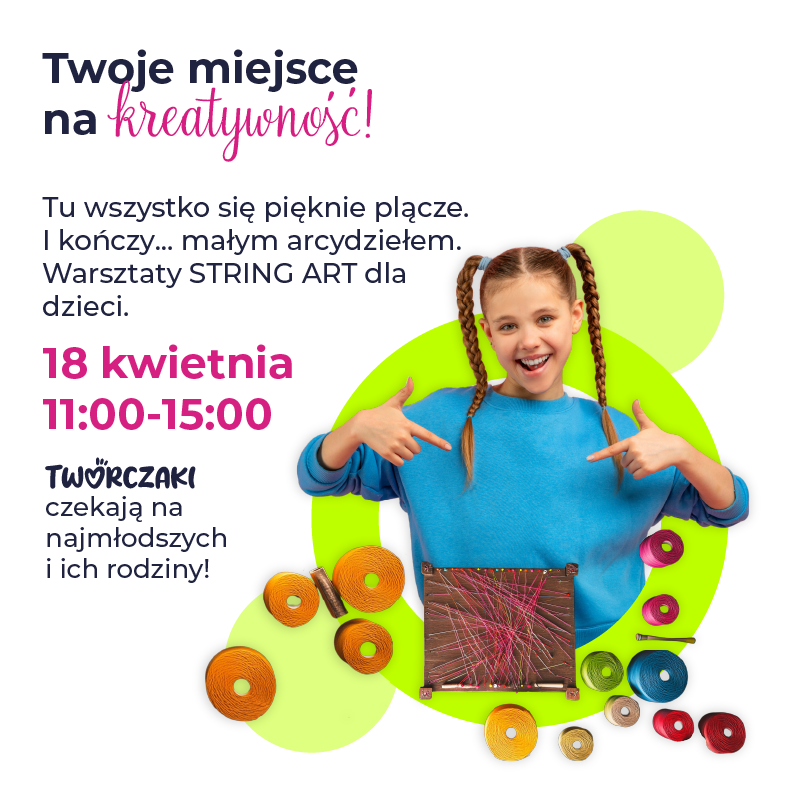 Dziewczynka z kolorowymi sznurkami i dziełem string art.