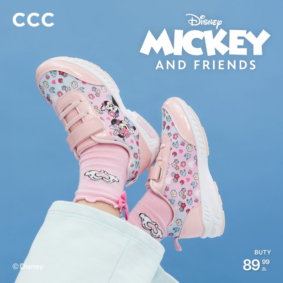 Różowe dziecięce buty Disney z postaciami z bajek.