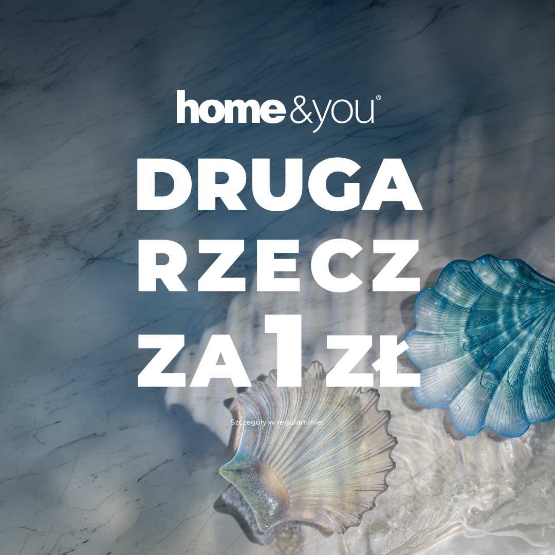Promocja Home&You: Druga rzecz za 1 zł z muszlami na tle marmuru.