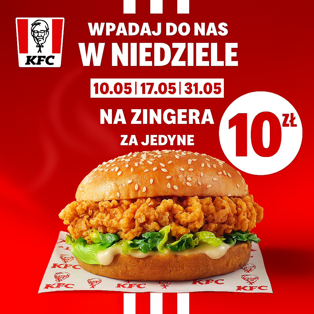 Kanapka Zinger z KFC na czerwonym tle z promocją cenową.