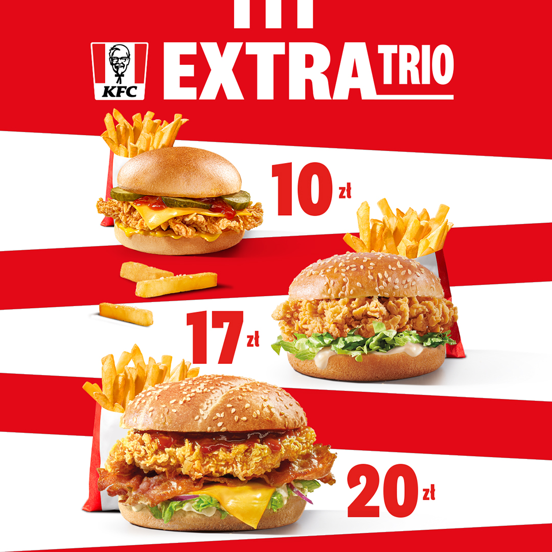 Trzy zestawy KFC z burgerami i frytkami w promocyjnych cenach.