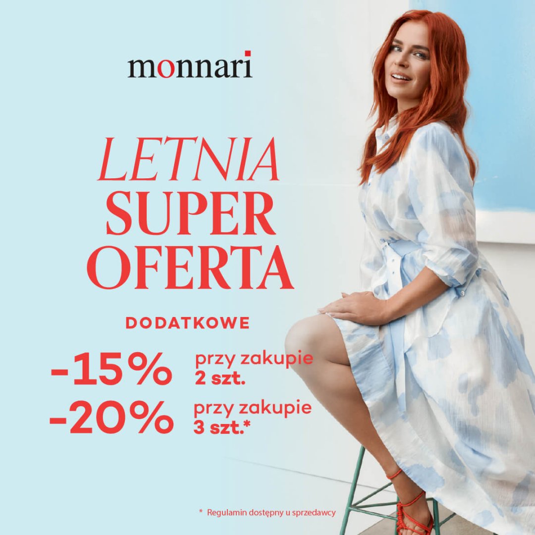 Kobieta w letniej sukience promująca letnią super ofertę.