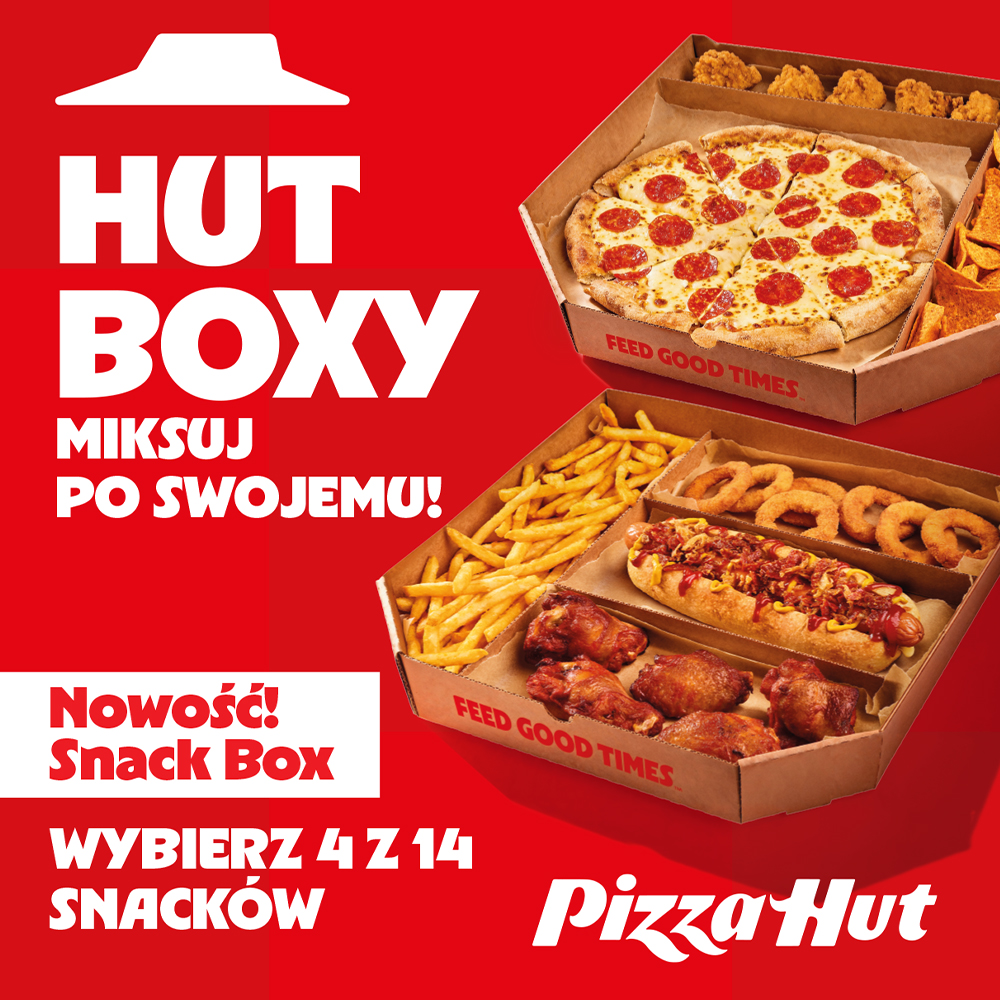Promocja Pizza Hut z różnymi zestawami jedzenia.