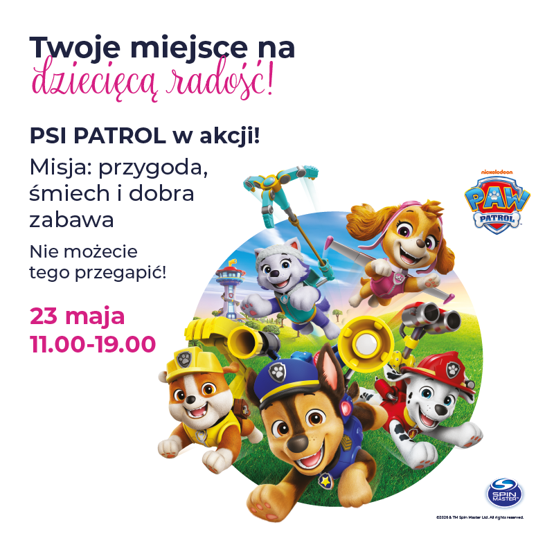 Plakat promujący wydarzenie Psi Patrol z datą i godziną.