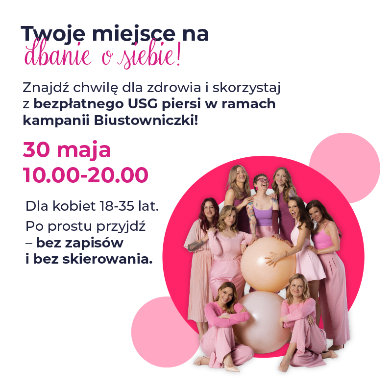 Grupa kobiet w różowych strojach promująca kampanię USG piersi.