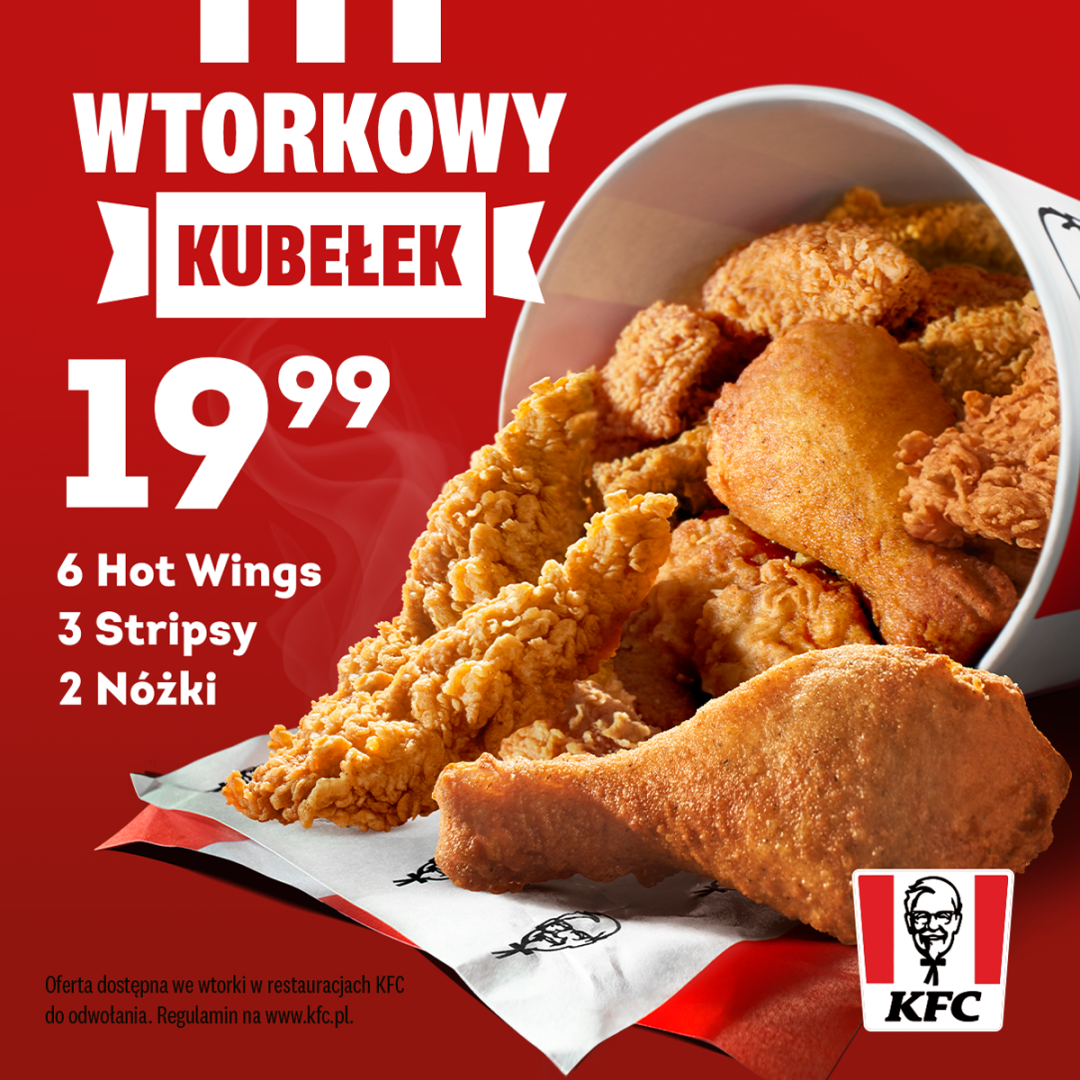 Promocja KFC: wtorkowy kubełek z kurczakiem za 19,99 zł.