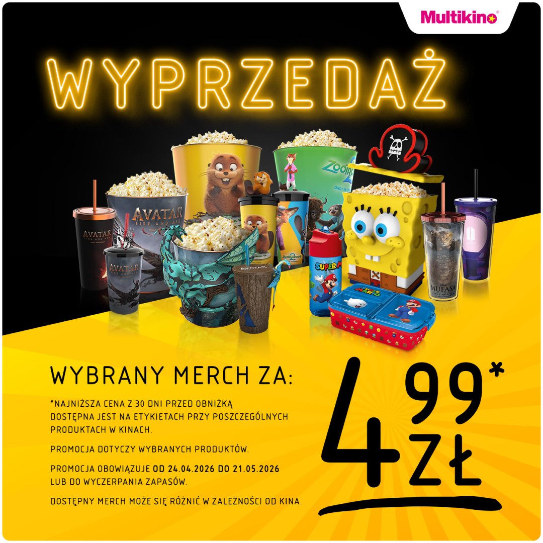 Plakat promocyjny wyprzedaży merchu w Multikinie.