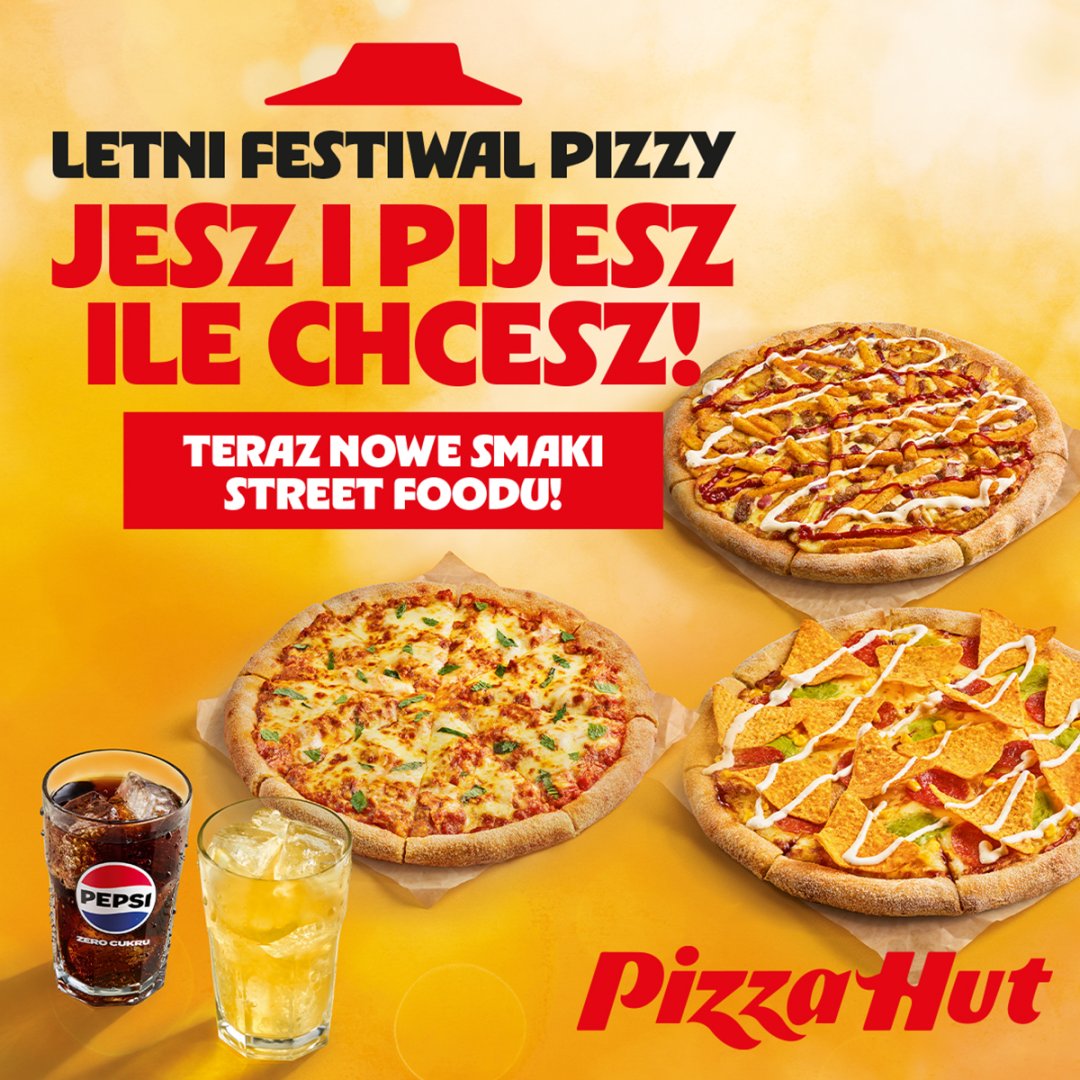 Plakat promujący Letni Festiwal Pizzy z pizzami i napojami.