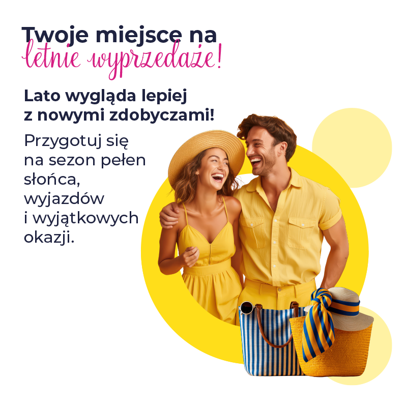 Para w żółtych ubraniach z torbami na letnie wyprzedaże.