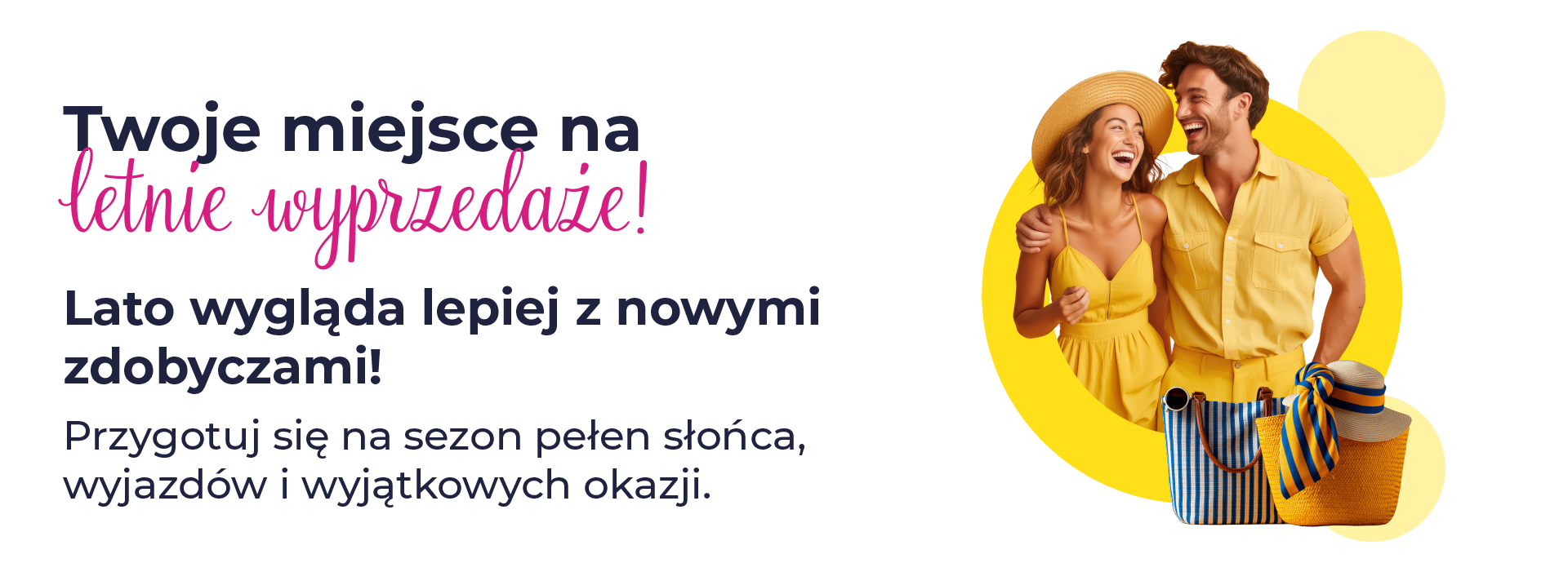 Para w letnich ubraniach na tle promocyjnego napisu.