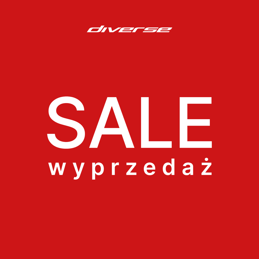 Czerwony baner z napisem SALE wyprzedaż i logo Diverse