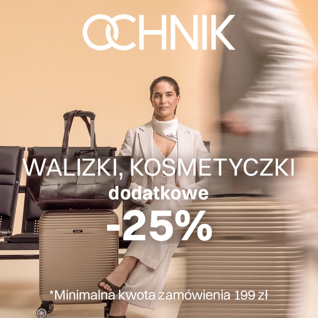 Kobieta w garniturze z walizkami i kosmetyczkami, rabat 25%.