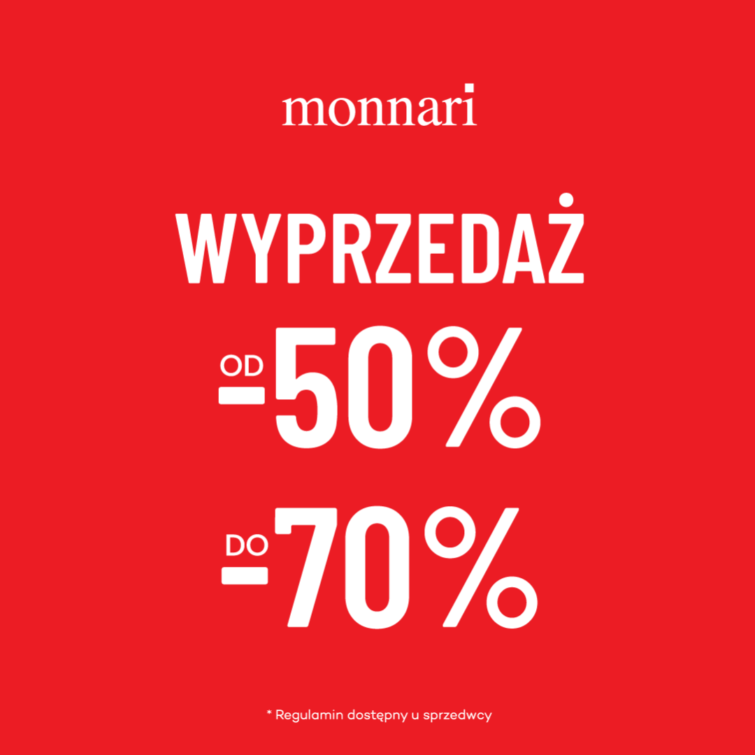 Czerwona grafika z napisem wyprzedaż Monnari od 50% do 70%
