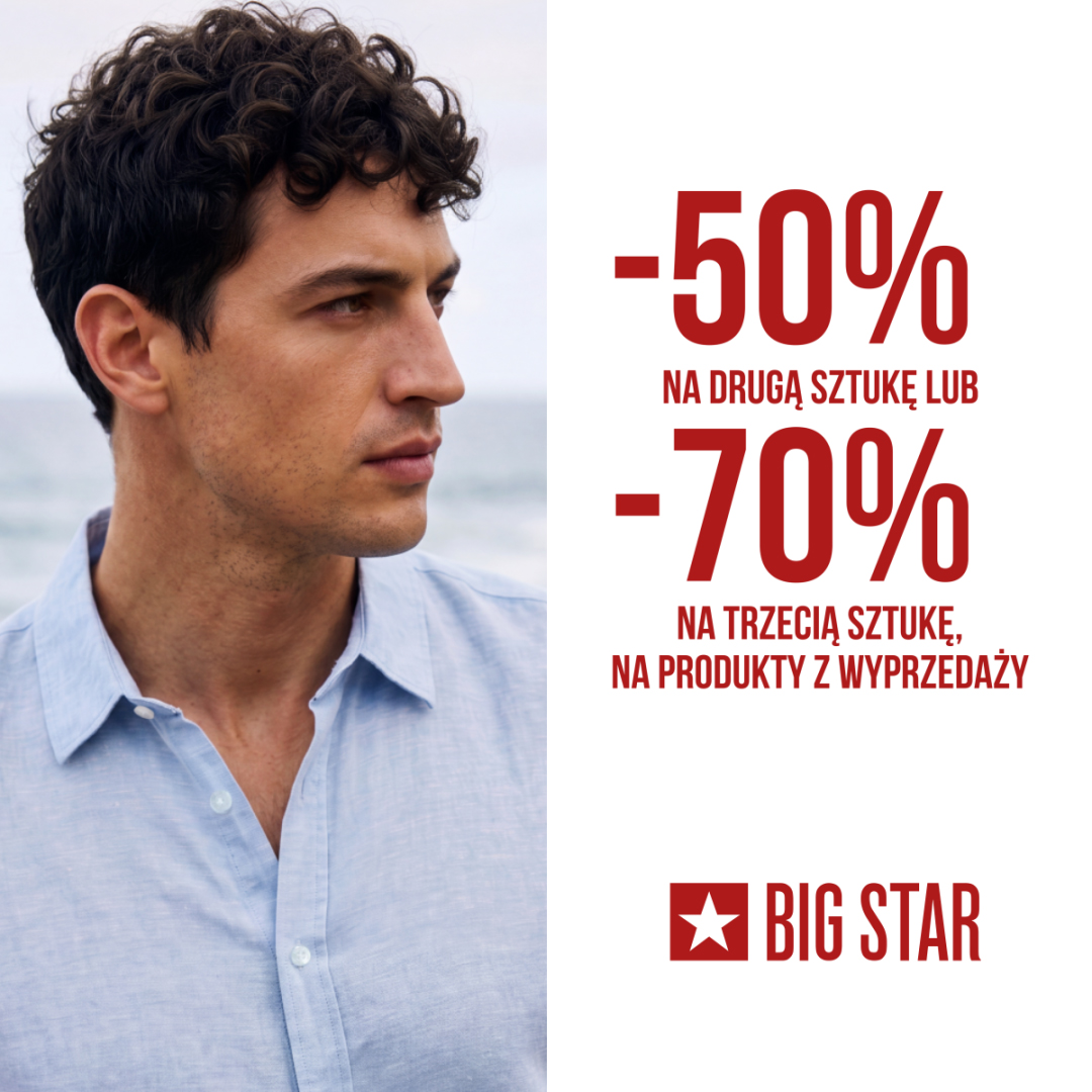 Mężczyzna w koszuli, promocja Big Star z rabatami do 70%.