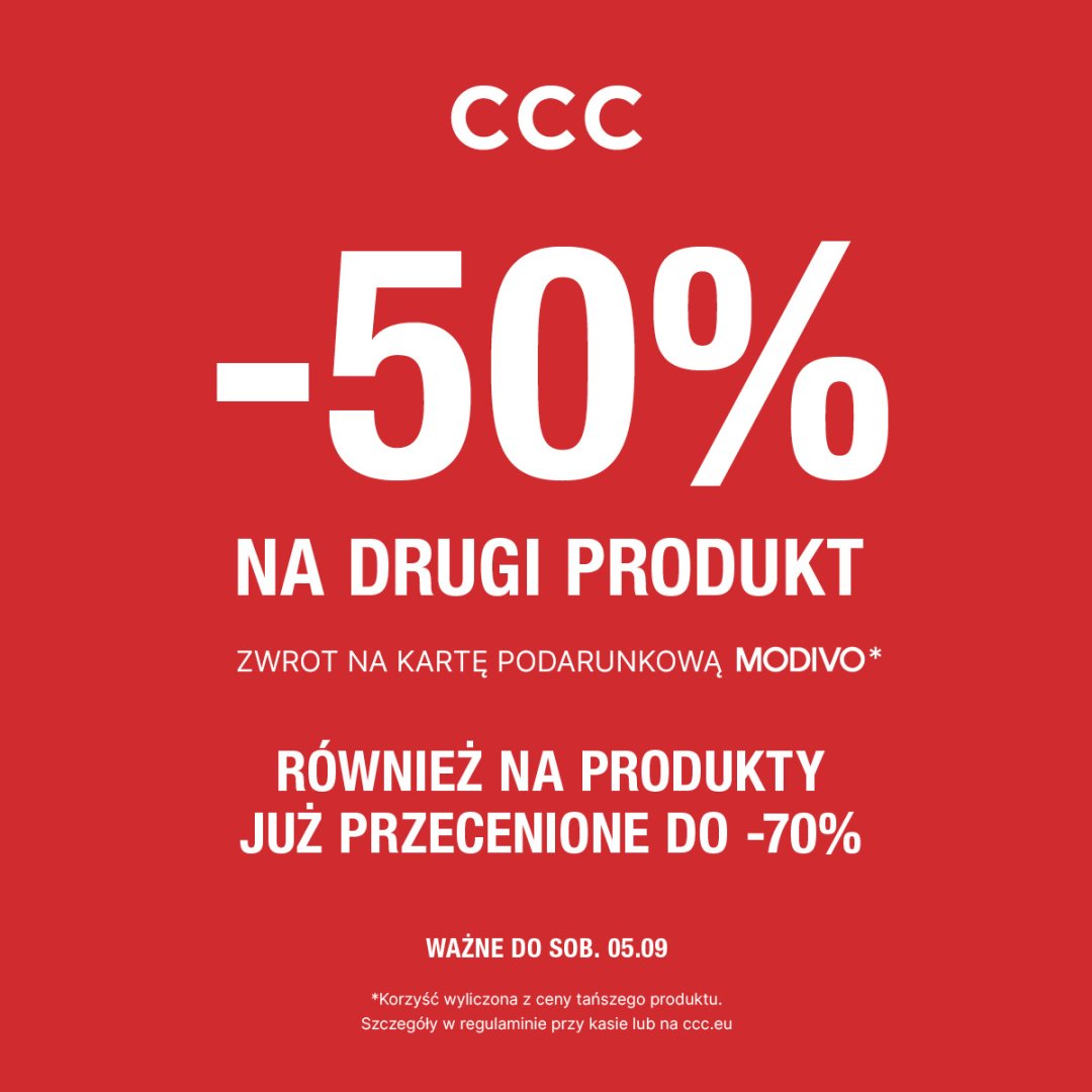Promocja CCC: -50% na drugi produkt, zwrot na kartę podarunkową.