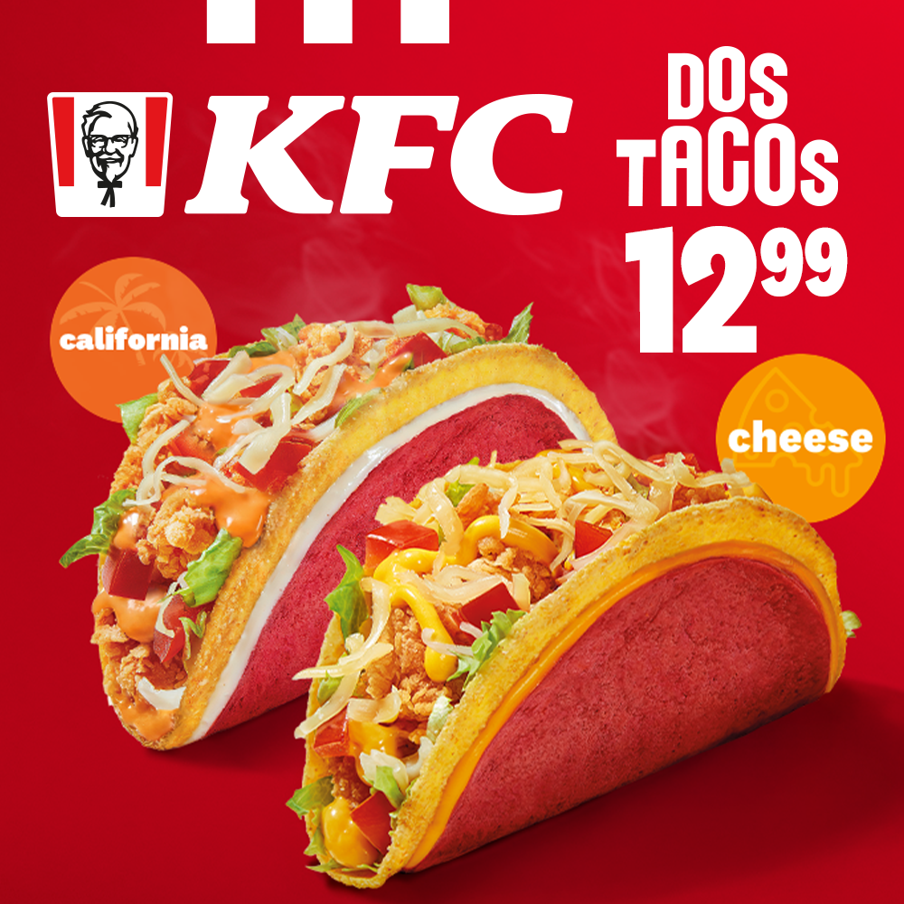 Dwa tacos KFC, jedno z kurczakiem i warzywami, drugie z serem.